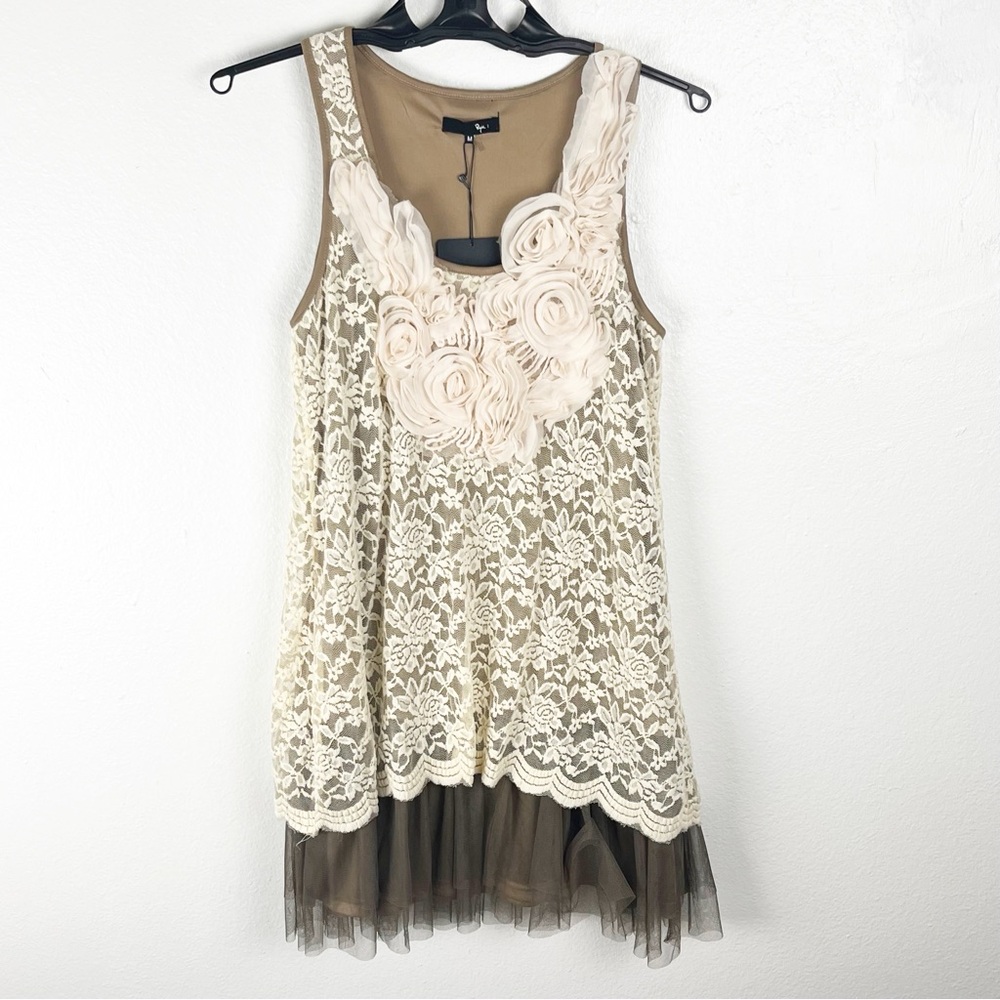 RYU Brown Cream Crochet Tiered Lace Floral Lined Dress Size Medium Boho Festival